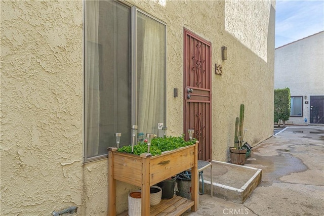 view of exterior entry featuring stucco siding