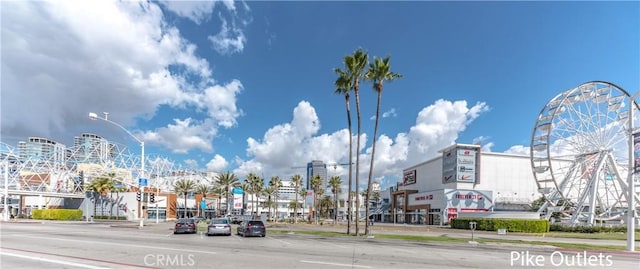 view of street featuring curbs, street lights, and sidewalks