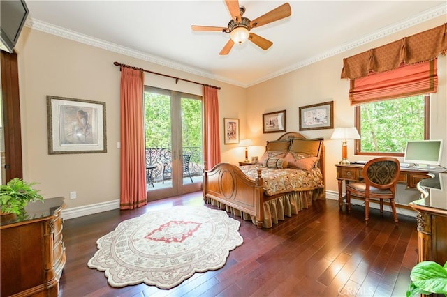 bedroom with access to outside, french doors, crown molding, baseboards, and dark wood-style flooring