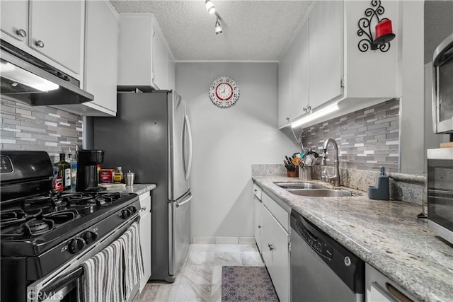 18620 Hatteras St Unit 143, Tarzana, CA 91356 - kitchen featuring gas range oven, a sink, stainless steel dishwasher, under cabinet range hood, and light marble finish flooring