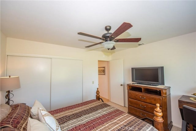 4433 Albatross Way, Oceanside, CA 92057 - bedroom with a closet, light colored carpet, and a ceiling fan