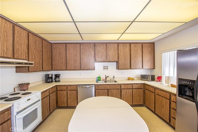 4433 Albatross Way, Oceanside, CA 92057 - kitchen featuring appliances with stainless steel finishes, under cabinet range hood, a sink, light flooring, and light countertops
