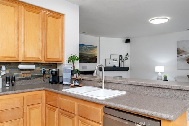 4355 Leonard Way, Corona, CA 92883 - kitchen featuring light brown cabinetry, decorative backsplash, stainless steel dishwasher, and a sink