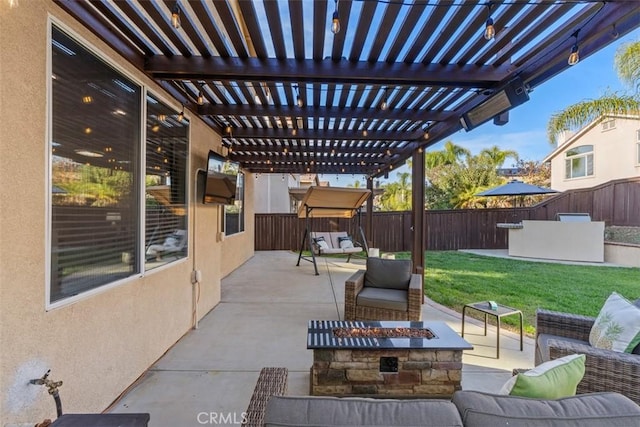 4355 Leonard Way, Corona, CA 92883 - view of patio / terrace with an outdoor living space with a fire pit, a pergola, and a fenced backyard