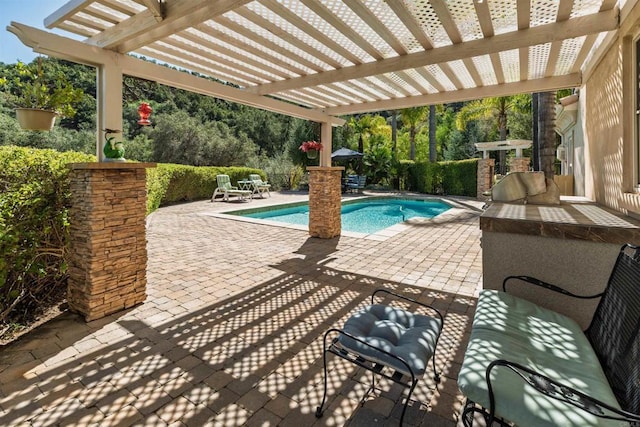 outdoor pool with a patio area and a pergola