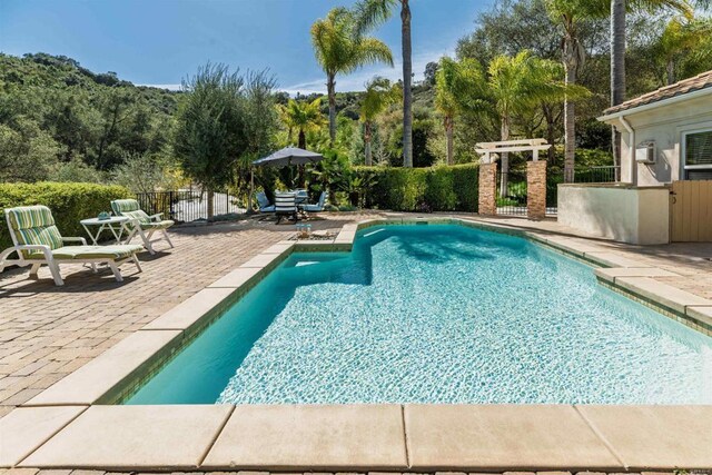 view of pool with a fenced in pool, fence, and a patio area
