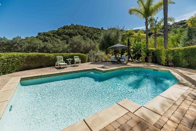 view of swimming pool with fence, a patio area, a fenced in pool, and a view of trees