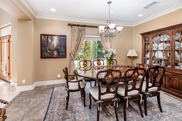 dining space with baseboards, visible vents, recessed lighting, ornamental molding, and a notable chandelier