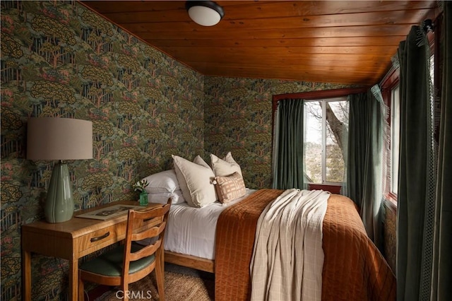 29196 Lake Brook Ave, Cedar Glen, CA 92321 - bedroom featuring lofted ceiling, wood ceiling, and wallpapered walls
