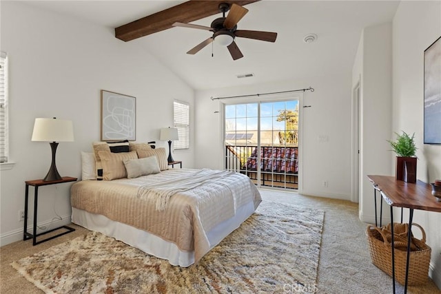bedroom with visible vents, baseboards, lofted ceiling with beams, carpet flooring, and access to outside