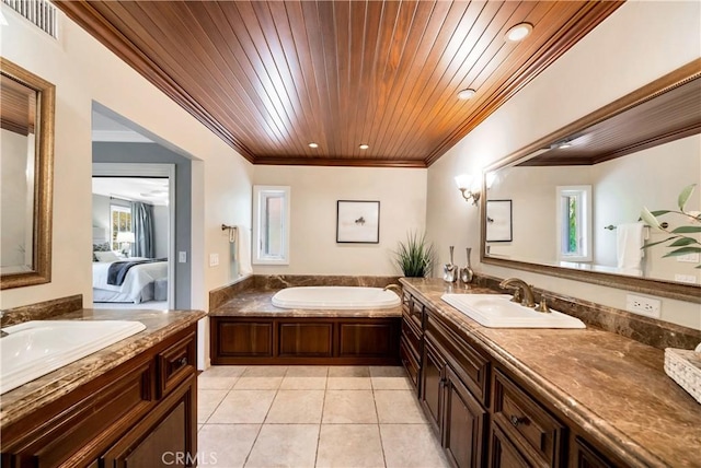 ensuite bathroom with wooden ceiling, a sink, tile patterned flooring, a bath, and ornamental molding