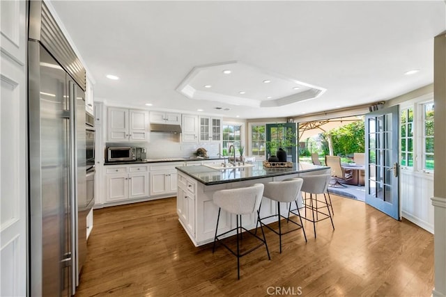 kitchen featuring a raised ceiling, a breakfast bar area, wood finished floors, under cabinet range hood, and stainless steel appliances