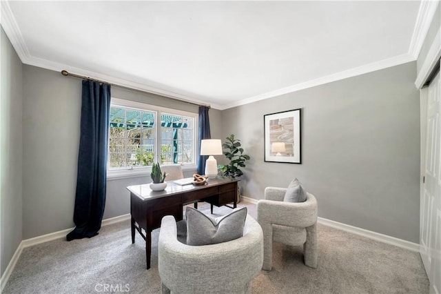 carpeted home office featuring baseboards and ornamental molding