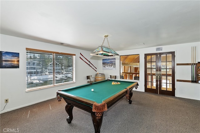 39802 Lakeview Dr Unit 26, Big Bear Lake, CA 92315 - recreation room with visible vents, french doors, pool table, and carpet floors