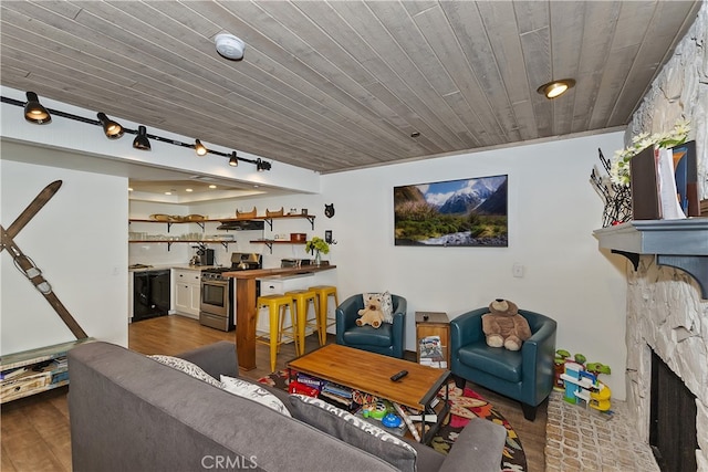 39802 Lakeview Dr Unit 26, Big Bear Lake, CA 92315 - living room with a fireplace, wooden ceiling, rail lighting, and wood finished floors