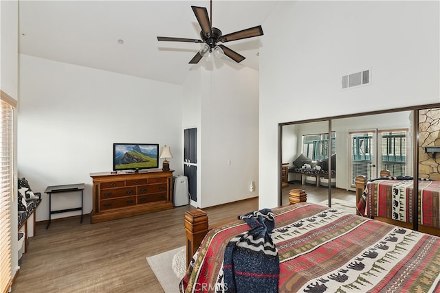 39802 Lakeview Dr Unit 26, Big Bear Lake, CA 92315 - bedroom featuring visible vents, high vaulted ceiling, a ceiling fan, and wood finished floors