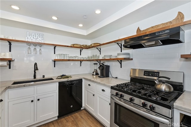 39802 Lakeview Dr Unit 26, Big Bear Lake, CA 92315 - kitchen with open shelves, stainless steel range with gas stovetop, a sink, under cabinet range hood, and dishwasher