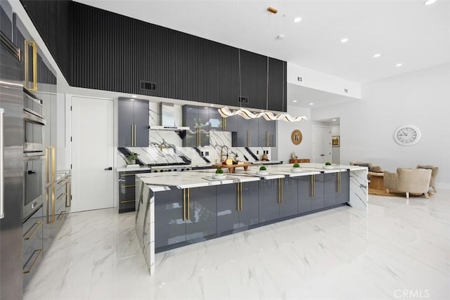 18802 Saginaw Dr, Irvine, CA 92603 - kitchen with wall chimney exhaust hood, modern cabinets, gray cabinets, light marble finish floors, and recessed lighting