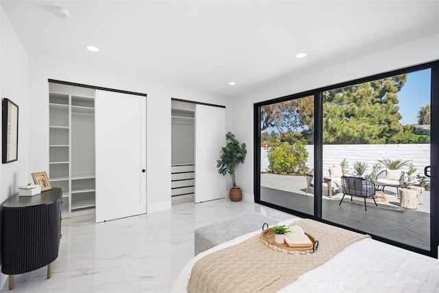 18802 Saginaw Dr, Irvine, CA 92603 - bedroom with access to outside, two closets, marble tiled floors, and recessed lighting