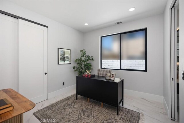 18802 Saginaw Dr, Irvine, CA 92603 - office area featuring marble look tile flooring, recessed lighting, and baseboards