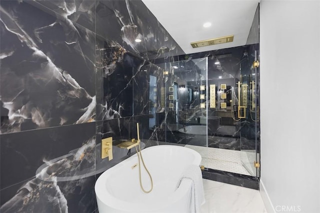 18802 Saginaw Dr, Irvine, CA 92603 - bathroom with marble tiled floors, a marble finish shower, and a soaking tub
