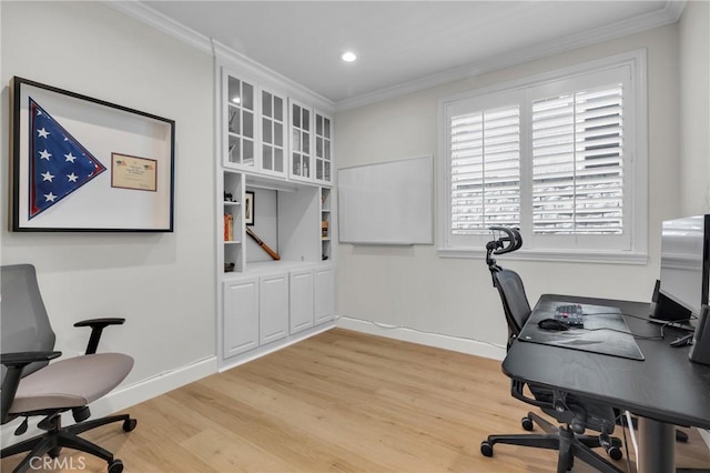 home office with light wood finished floors, baseboards, recessed lighting, and ornamental molding