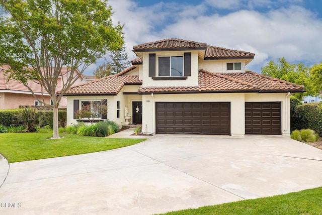 12084 London Grove Ct, Moorpark, CA 93021 - mediterranean / spanish home featuring driveway, stucco siding, a front lawn, a garage, and a tiled roof
