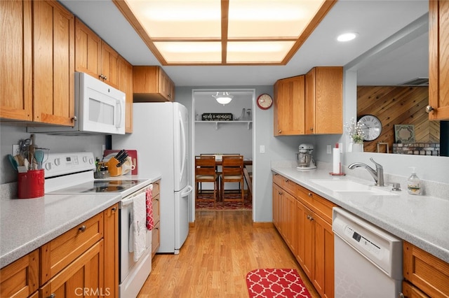 kitchen featuring light countertops, a sink, light wood-type flooring, brown cabinetry, and white appliances
