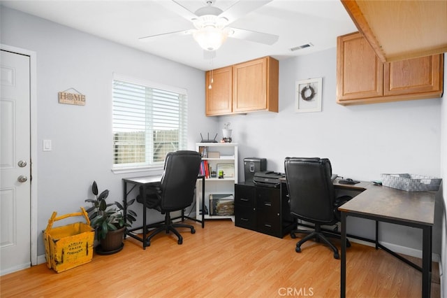 office space with ceiling fan, visible vents, and light wood-style floors