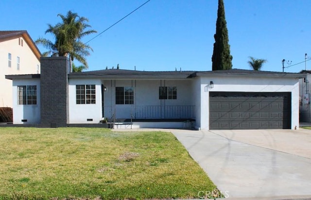 17730 Ivy Ave, Fontana, CA 92335 - ranch-style home featuring a front yard, stucco siding, a chimney, a garage, and driveway