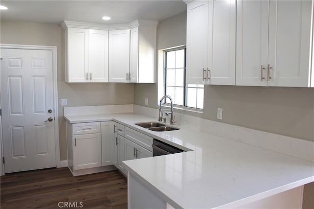 17730 Ivy Ave, Fontana, CA 92335 - kitchen featuring a peninsula, dark wood-style flooring, a sink, dishwasher, and white cabinetry