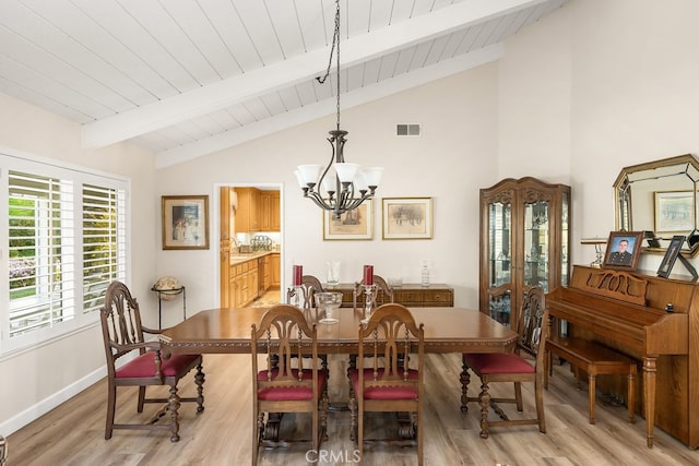 dining space featuring visible vents, beamed ceiling, light wood-style floors, wooden ceiling, and a notable chandelier