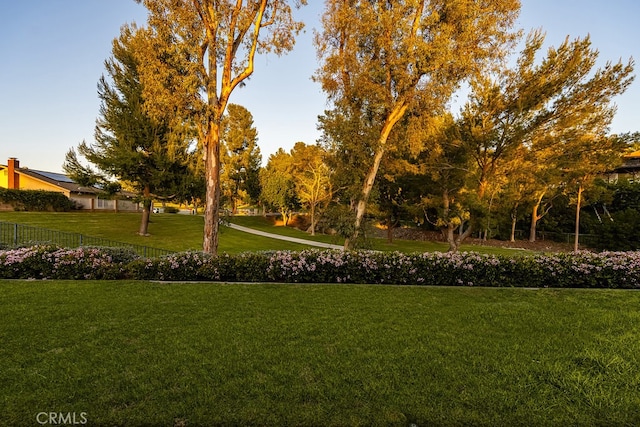 view of property's community with fence and a yard