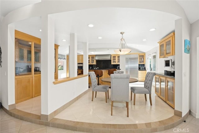 16449 Ladona Cir, Huntington Beach, CA 92649 - dining area with light tile patterned flooring, baseboards, recessed lighting, and lofted ceiling