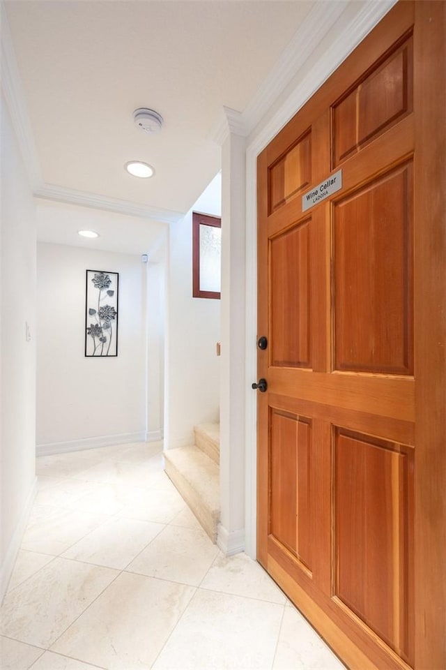 16449 Ladona Cir, Huntington Beach, CA 92649 - hall with ornamental molding, stairs, baseboards, light tile patterned floors, and recessed lighting