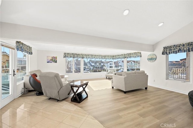 16449 Ladona Cir, Huntington Beach, CA 92649 - living area with recessed lighting, lofted ceiling, baseboards, and light wood-style floors