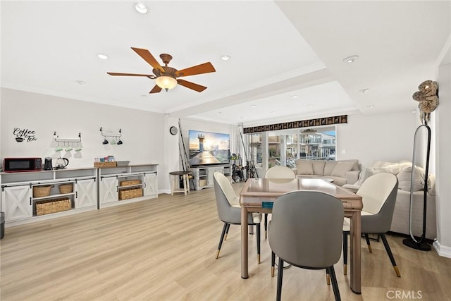 16449 Ladona Cir, Huntington Beach, CA 92649 - dining space featuring a ceiling fan, light wood finished floors, baseboards, and recessed lighting
