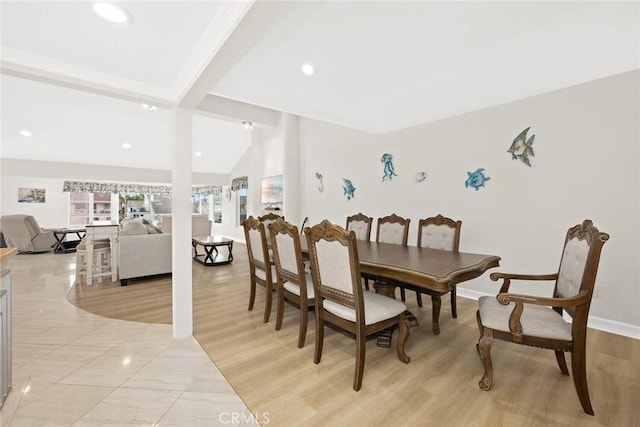 16449 Ladona Cir, Huntington Beach, CA 92649 - dining area with recessed lighting, beam ceiling, baseboards, and light wood finished floors