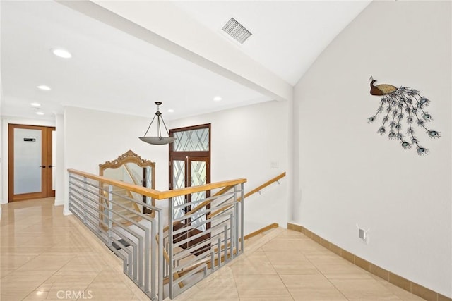 16449 Ladona Cir, Huntington Beach, CA 92649 - hall featuring an upstairs landing, recessed lighting, baseboards, and french doors