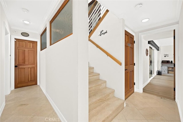 16449 Ladona Cir, Huntington Beach, CA 92649 - corridor with light tile patterned floors, crown molding, baseboards, recessed lighting, and stairs