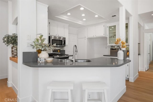 kitchen with dark countertops, a peninsula, a tray ceiling, a sink, and stainless steel microwave