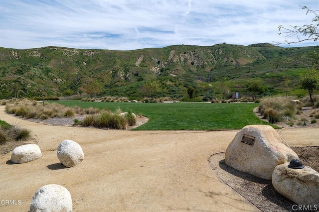 view of property's community featuring a mountain view and a yard
