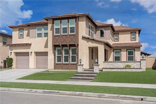 view of front of home featuring stucco siding, an attached garage, concrete driveway, and a front lawn