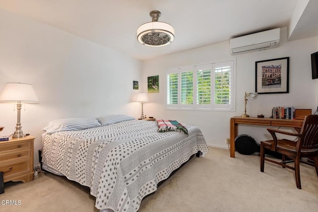 bedroom with baseboards, light carpet, and a wall unit AC