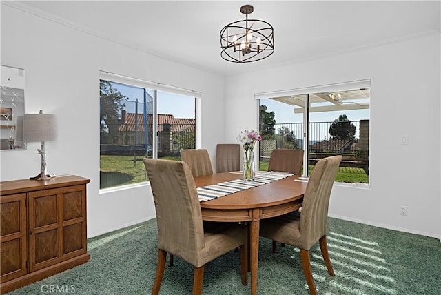 2332 Mccrea Rd, Thousand Oaks, CA 91362 - dining room featuring a chandelier, carpet flooring, baseboards, and crown molding