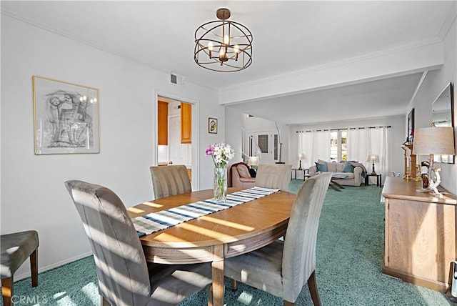 2332 Mccrea Rd, Thousand Oaks, CA 91362 - carpeted dining area with a chandelier and ornamental molding
