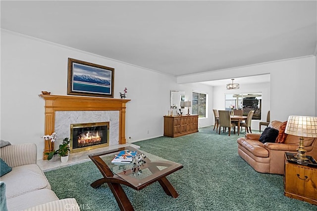 2332 Mccrea Rd, Thousand Oaks, CA 91362 - carpeted living room with crown molding, a premium fireplace, and a chandelier