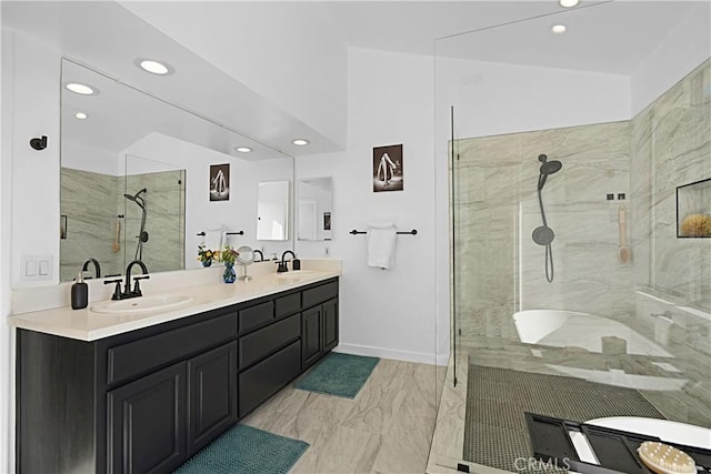 2332 Mccrea Rd, Thousand Oaks, CA 91362 - full bathroom featuring a stall shower, recessed lighting, double vanity, baseboards, and marble finish flooring