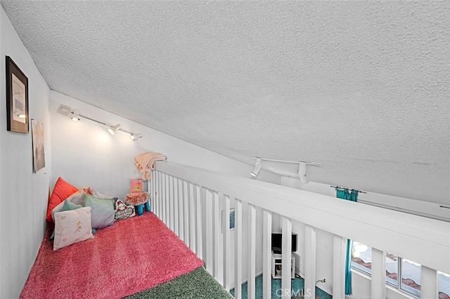2332 Mccrea Rd, Thousand Oaks, CA 91362 - hallway with rail lighting, a textured ceiling, and carpet flooring