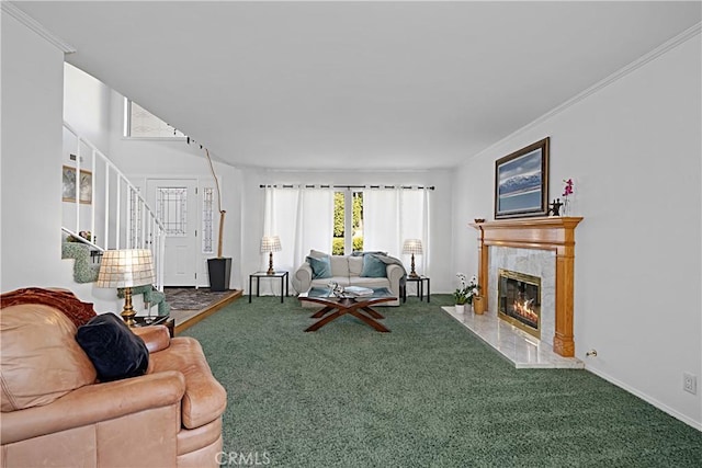 2332 Mccrea Rd, Thousand Oaks, CA 91362 - carpeted living area featuring a high end fireplace, stairway, and ornamental molding